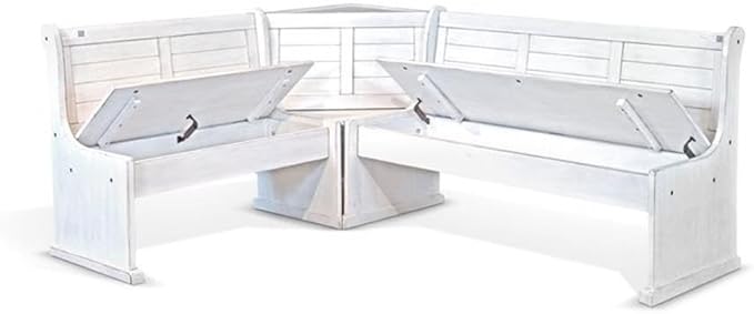 Pemberly Row 75" x 56" Farmhouse Wood Breakfast Nook Set with Table, Storage, Reversable Benche, L-Shaped Corner Bench, for Dining Room, in Marble White Finish