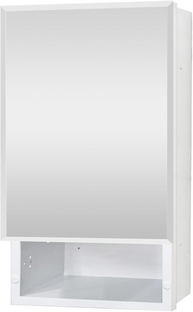 16x26 inch Bathroom Medicine Cabinet with Mirror, Platstic Framed Beveled Edge Mirror Cabinet with Removable Shelves, Extra Storage Space, Recessed or Surface Mount