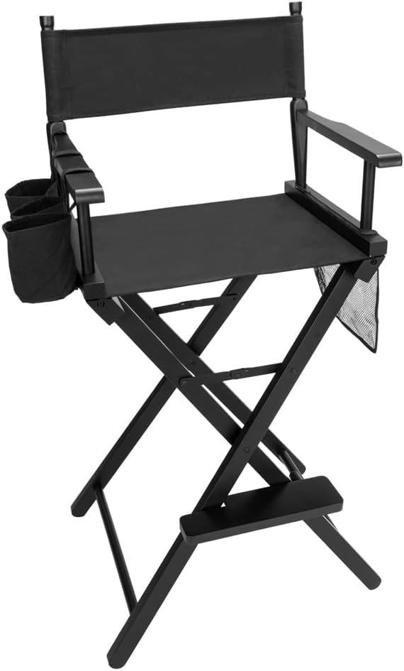 OmySalon Upgraded 31" Height Tall Director Chair Folding Artist Makeup with Replacement Cover Canvas, Storage Side Bags, Portable Footrest, Support 250 lbs,Solid Hardwood & Polyester Black