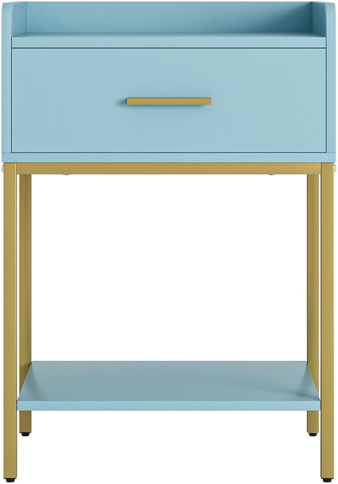 Nightstand,Modern Bedside Table Night Stand with Storage Drawer and Open Shelf,Small End Side Table for Bedroom,Living Room,Blue