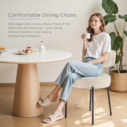 DUMOS Dining Chairs Set of 2, Mid Century Modern Chair Round Upholstered Curved Backrest, Kitchen Vanity Living Room Chairs with Black Metal Legs,Light Beige