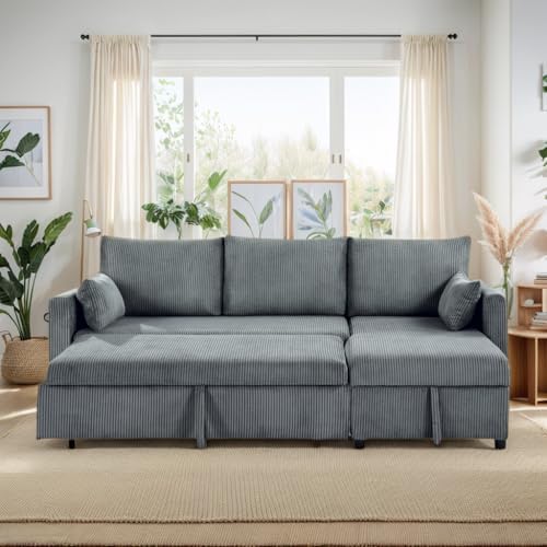 Sectional Sleeper Sofa with Pull Out Bed, L Shape Convertible Sofa Bed Couch with Storage Chaise, 3 in 1 Pull Out Sofa Bed with 3 Seats for Living Room,Apartment, Gray, 85Inch