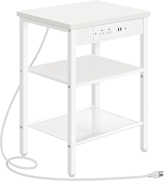 HOOBRO Side Table with Charging Station and USB Port, Small End Table for Small Space, 3-Tier Nightstand with Adjustable Shelf, for Living Room, Bedroom, White WW112BZ01