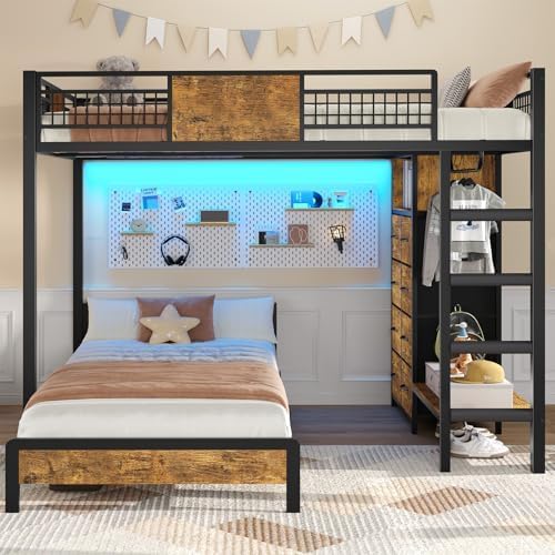 ADORNEVE Bunk Bed Twin Over Twin Size with 8 Storage Drawers, Twin Bunk Beds with Led Lights & Storage Shelves, Metal Loft Bed with 13.4" H Safety Guardrail & Ladder, for Kids & Teens, Black
