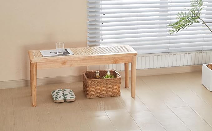 40" Wooden Dining Bench with Hand Woven Rattan Seat,Solid Wood Bench for Entryway,Living Room,Kitchen and Bedroom(Nature Wood,18" H