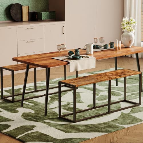 VINGLI Set of 2 Industrial Dining Benches, Rustic Brown Kitchen Table Benches w/Heavy Metal Frame, Non-Slip Foot Pads, Backless Dining Table Seating Benches for Entryway, Living Room & Small Spaces