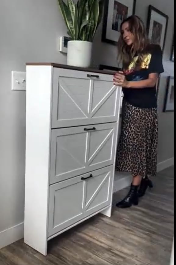 Nicetree Shaker Barn Door Shoe Cabinet, 3 Flip Drawers & 3Tier Adjustable Shelves, Ultra Slim Freestanding, Modern Rustic Brushed White Farmhouse Shoe Rack for Entryway, Hallway, Foyer & Mudroom White