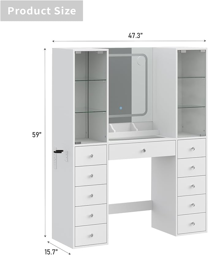 Yanosaku Vanity with 11 Drawers & 2 RBG Lights Cabinets, Makeup Vanity with Mirror and Lights, Vanity Desk with Power Outlet, Tempered Glass Top, Ample Storage, Makeup Vanity Desk for Bedroom, White