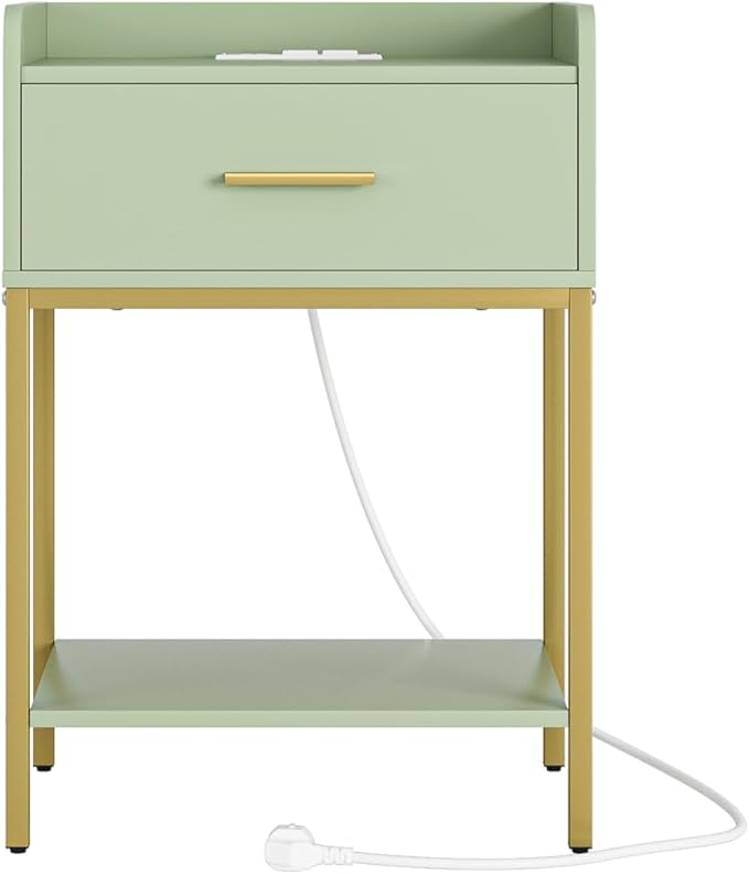 Nightstand with Charging Station,3-Tier Modern Bedside Table Night Stand with Storage Drawer and Open Shelf,Small End Side Table for Bedroom,Living Room,Green