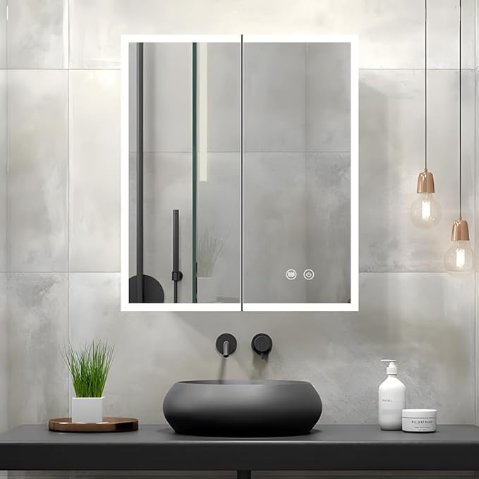 LED Medicine Cabinet with Light,Recessed Mirror Cabinet for Bathroom,3 Color Temperature,Dimmable,Demister,Detachable Side Plate for Recess Mount or Surface Mount,24inch×28inch