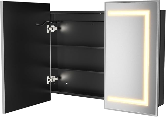 APRILSOUL 40x32 Inch Lighted Bathroom Medicine Cabinet with Mirror, Silver Recessed or Surface Mount Medicine Cabinet Mirror with Storage and LED Lights, 3 Colors Temperature, Dimmable Light