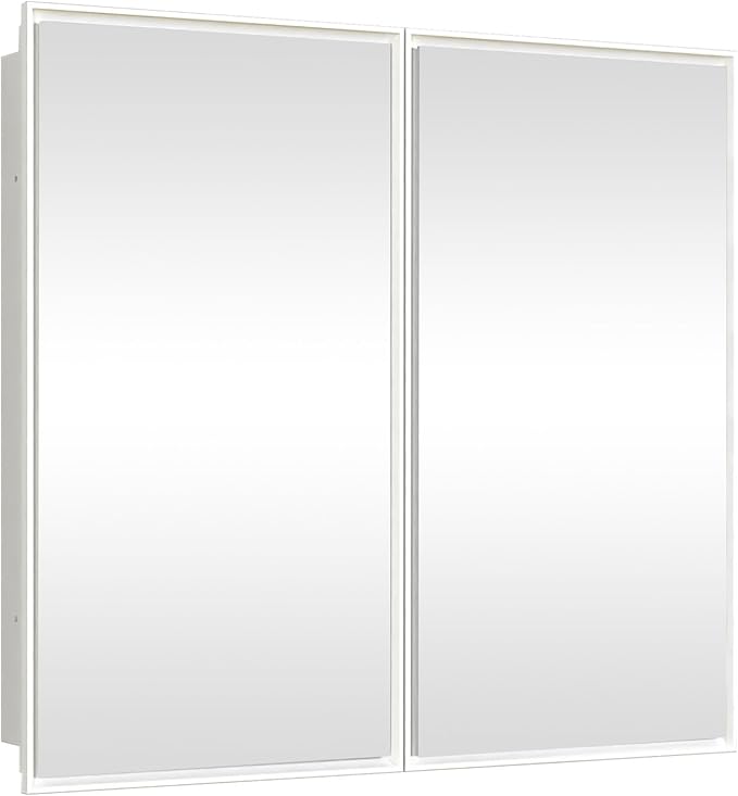 26 x 32 Inch Bathroom Medicine Cabinet with Double Mirror Doors, Recessed or Surface Mount Wall Cabinet for Bathroom, Plastic Frame & Removable Glass Shelves