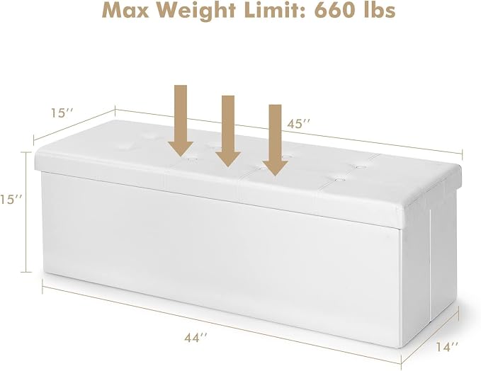 Folding Storage Ottoman Bench, 45" Large Ottoman Space-Saving Bench,Faux Leather Storage Chest with Memory Foam,Footrest Padded Stool Seat for Bedroom Toy Chest, White,Leather