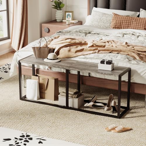 VINGLI Industrial Dining Bench for Dining Room, 47.2 Inch Gray Kitchen Table Bench Heavy-Duty Metal Frame, Dining Table Bench with Non-Slip Foot Pads for Entryway, Living Room & Small Spaces