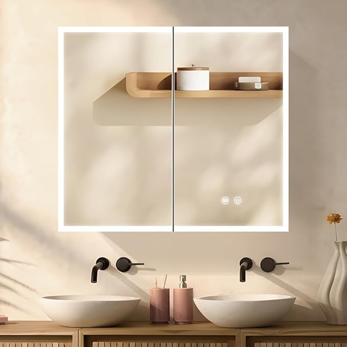 LED Medicine Cabinet with Light,36×32inch,Recess Mirror Cabinet for Bathroom,3 Color,Dimmable,Demister,Detachable Side Plate,Recess Mount or Surface Mount