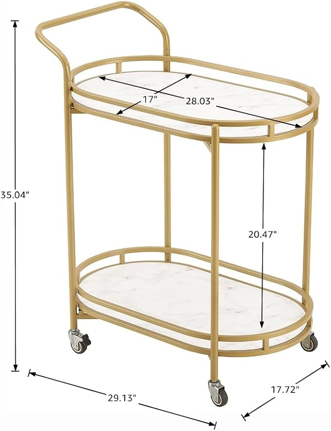 unipaws Bar Cart with Wheels, Easy Assembly Rolling Serving Bar Trolley with 2-Tier Shelves and Rotating Wheels for Home Kitchen Dining and Living Room (Gold & White)