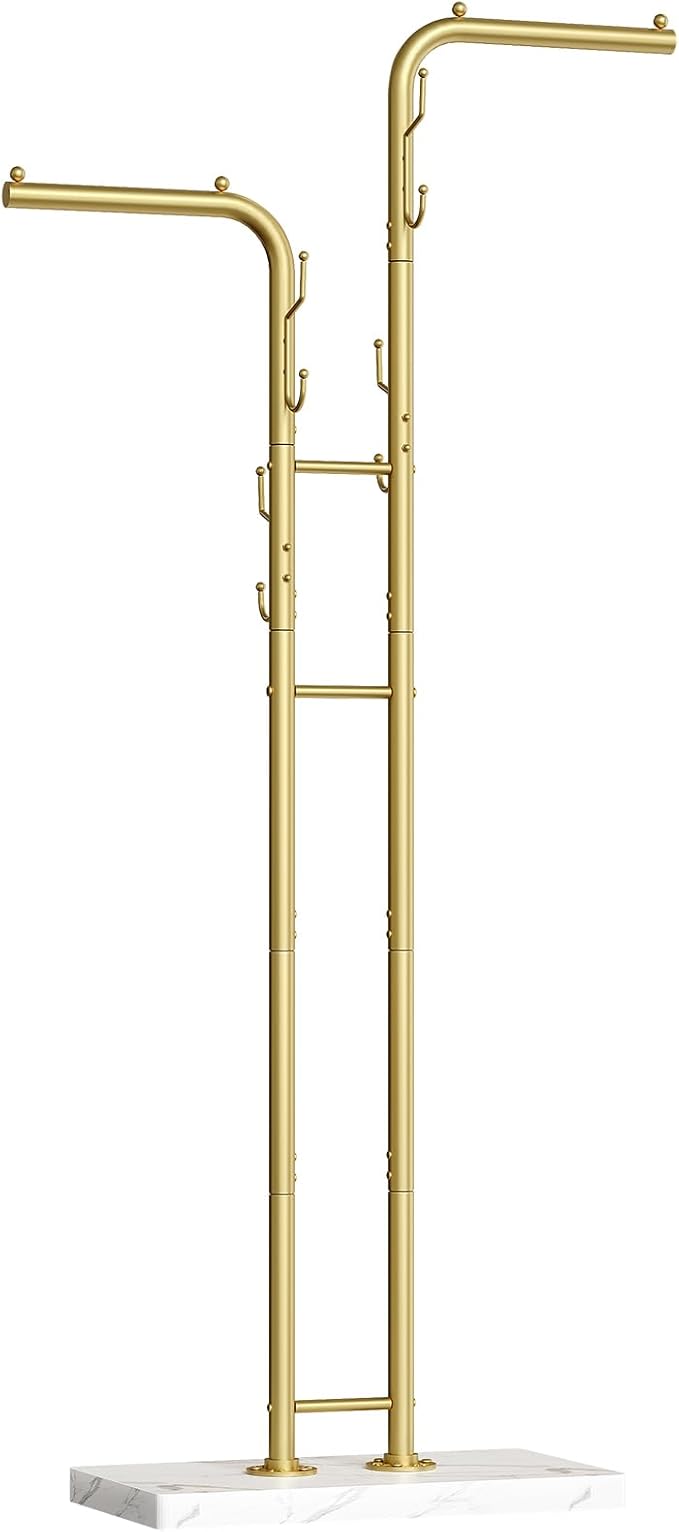 YATINEY Gold Coat Hanger Stand, Floor Standing Coat Rack, Entryway Coat Tree with 8 Hooks and Marble-Look Base, Modern Double-Pole Metal Clothes Rack for Entrance, Living Room, Bedroom, YM02DWY1
