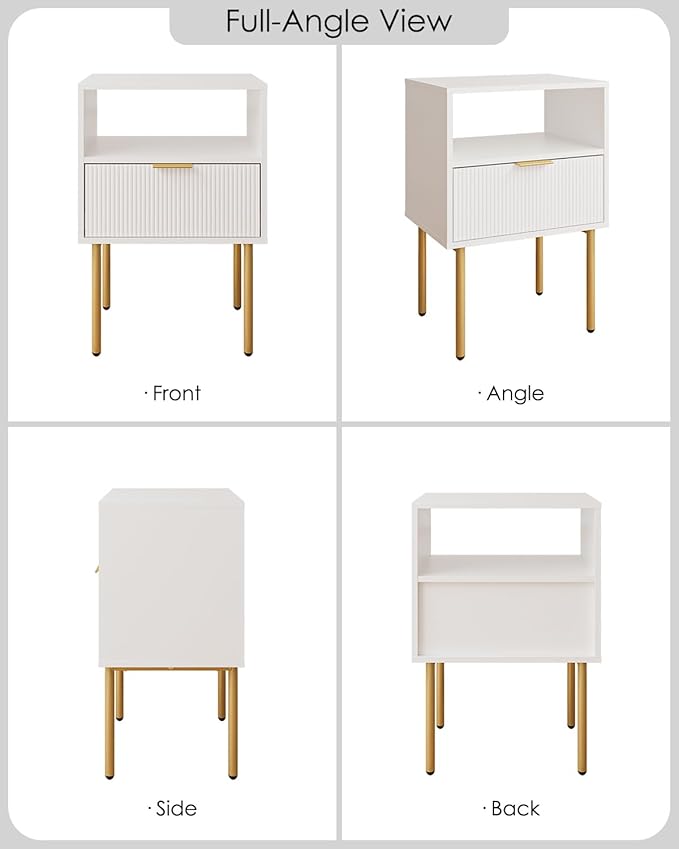 Aienvey Night Stand, Modern Nightstand with Drawers, Bedside Table, Gold Small Side Table for Bedroom, Living Room End Table (White Stripe, 1 Drawer)
