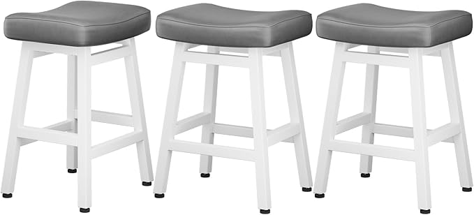 Raynesys Counter Height Bar Stools Set of 3, 24 Inch Barstools for Kitchen Counter, Kitchen Stools with Bonded Leather Saddle Seats & Heavy Duty Metal Legs, Easy Assembly, Gray/White