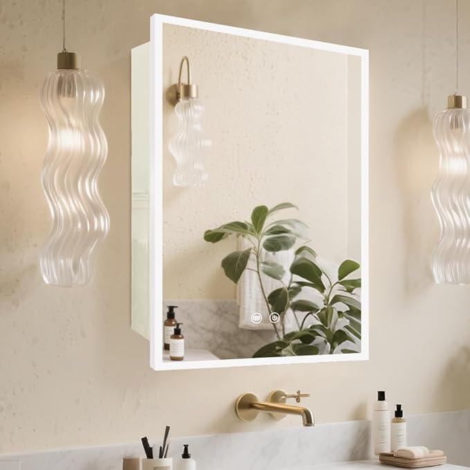 LED White Medicine Cabinet with Light,16×24inch,Recess Mirror Cabinet for Bathroom,3 Color,Dimmable,Demister,Detachable Side Plate,Recess Mount or Surface Mount