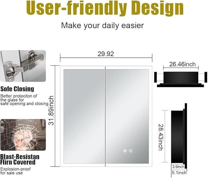 LED Medicine Cabinet with Light,30×32inch,Recess Mirror Cabinet for Bathroom,3 Color,Dimmable,Demister,Detachable Side Plate,Recess Mount or Surface Mount