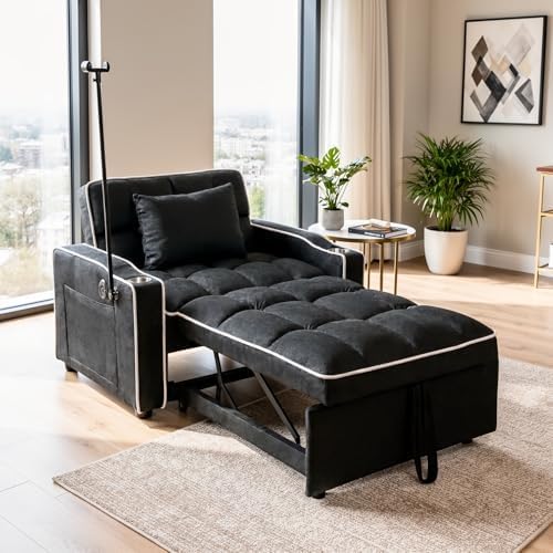 Sleeper Chair, Convertible Pull Out Chair Sleeper with Bracket and Cup Holder, Chairs Bed Sleepers with USB Ports for Adults, 3 in 1 Single Sofa Bed for Small Spaces, Living Room, Black