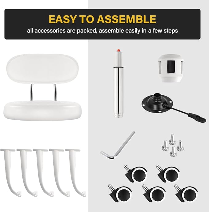 WKWKER Rolling Stool with Wheels Swivel Stool with Back Height Adjustable Chair PU Leather Rolling Chair Ideal for SPA Salon Home Office Drafting Work (White)