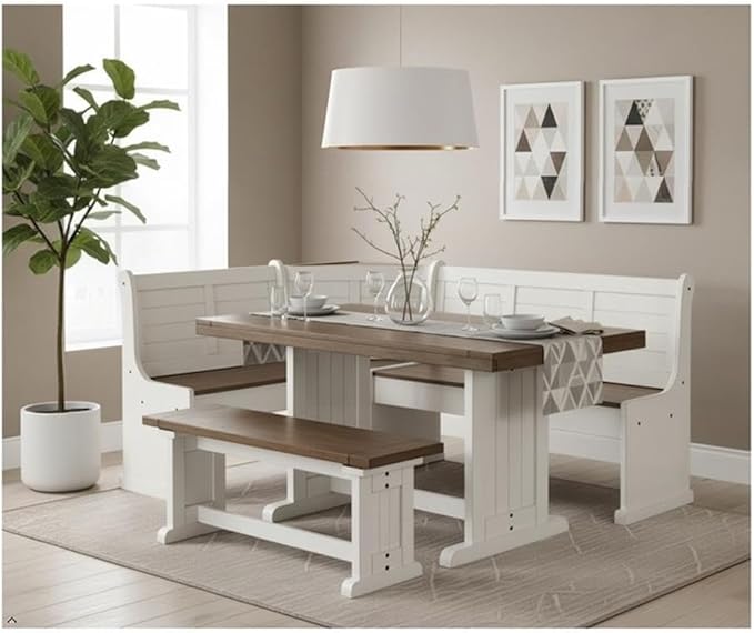 Pemberly Row Dining Set Wood, Rectangular in Off White (36" H x 75" W x 56" D) for Kitchen, Dining Room with Table, Reversable Benches, and Storage Space