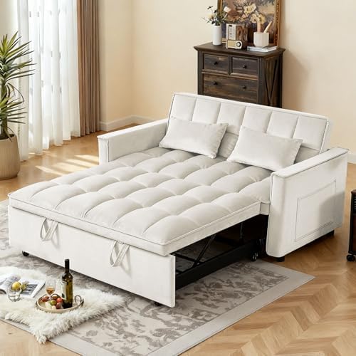 Convertible Sofa Bed, Pull Out Couch with Side Pockets, 3 in 1 Velvet Fabric Loveseat Sleeper Sofa Bed, Pull Out Couch with Adjustable Backrest for Living Room, Bedroom, Apartment, White