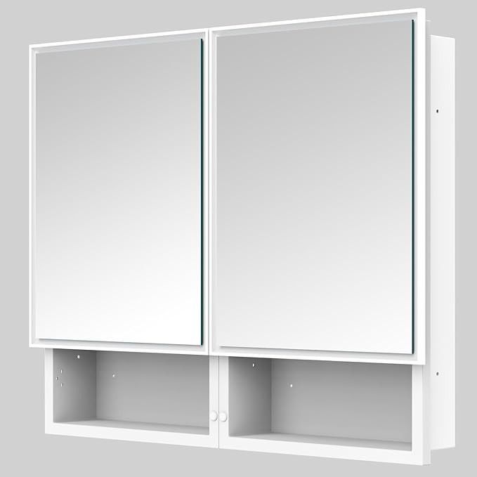 32x26 Inch Bathroom Medicine Cabinet with Mirror, Double Door Wall Mounted Storage with Extra Drawers, Bevel Edge Mirror, Adjustable Shelves, for Recessed or Surface Mount Installation