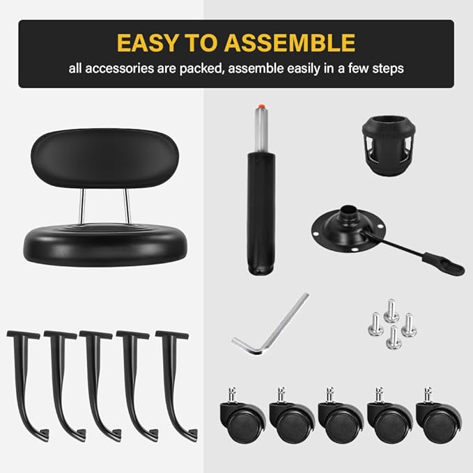 WKWKER Rolling Stool with Wheels Swivel Stool with Back Height Adjustable Chair PU Leather Rolling Chair Ideal for SPA Salon Home Office Drafting Work (Black)