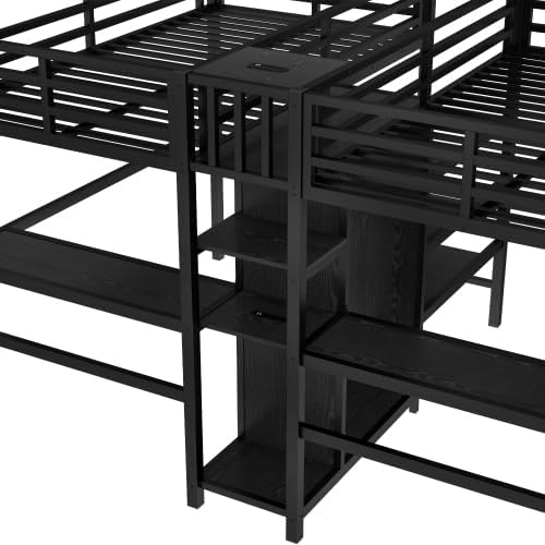 Harper & Bright Designs Twin Metal Loft Bed with Desk and Wardrobe for 2, Double Loft Bed Frame with Storage Shelf and Electrical Outlet, Black