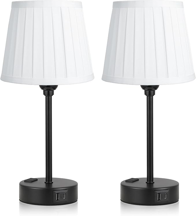 White Bedside Lamps for bedrooms Set of 2 - White Pleated Lamp Shade with USB Charging Ports, Touch Lamps for Nighstand, Night Stand Lamp for Dorm/Office/Living Room/Class Room