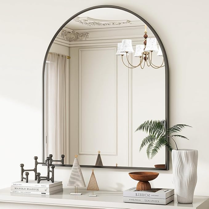 VooBang Arched Wall Mirror, 26 x 28 inch Arch Bathroom Mirror, Wall Mounted Vanity Mirror with Arch Metal Frame, Modern Bathroom Vanity Mirror for Bedroom, Living Room, Hanging or Leaning, Black