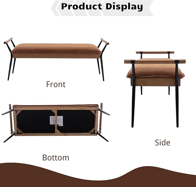 HEAH-YO Modern Dining Bench, 51 Inches Entryway Bench with Armrests, Upholstered PU Leather End of Bench for Bedroom, Brown