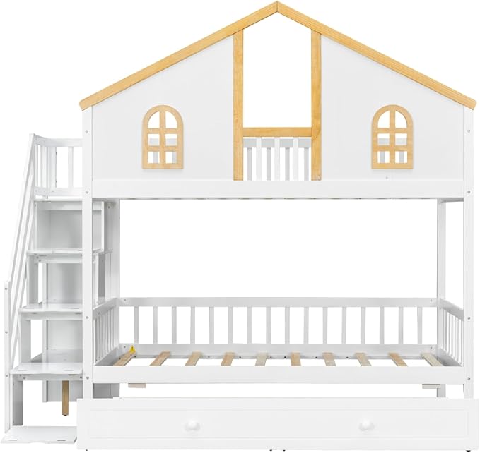 Twin Over Twin Bunk Bed with Trundle and Storage Stairs, House Triple Bunk Castle Bed with Roof and Windows, Bookshelf, Space Saving for Kids, Boys, Girls, Adults, White