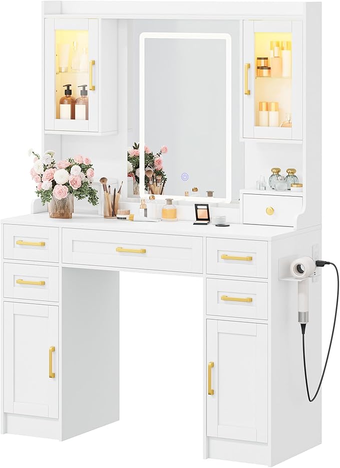 KAMABOKO White Vanity Desk with Mirror and Lights, Makeup Vanity Table with 6 Drawers & 4 Cabinets & Power Outlet, 3 LED Lights Modes Adjustable