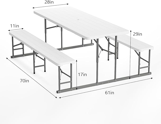 VINGLI Folding Picnic Table and Bench Set with Umbrella, Portable Outdoor Dining Furniture for Camping, Patio, Backyard, Wood Grain Plastic Top with Metal Frame with Light Blue Umbrella