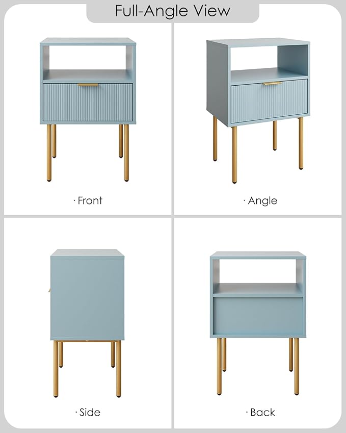 Aienvey Night Stand, Modern Nightstand with Drawers, Bedside Table, Gold Small Side Table for Bedroom, Living Room End Table (Blue Stripe, 1 Drawer)