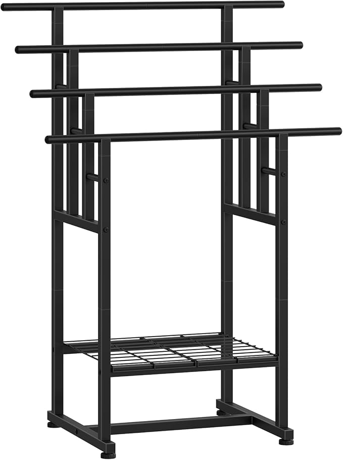 HOOBRO 4-Tier Freestanding Towel Rack, 28.3" L x 15.7" W x 41.3" H, Pool Towel Rack Outdoor, Metal Bathroom Storage Organizer with Bottom Shelf, Standing Blanket Rack, Industrial Style, Black BK16LB01