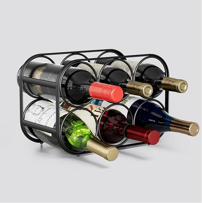 Buruis 6-Bottle Wine Rack, Modern Metal Countertop Wine Holder Stand for Kitchen, Pantry & Cabinet Storage, No Assembly Required, Black