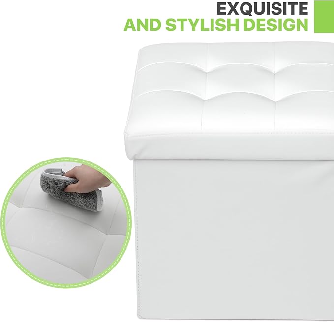 Magshion Small Folding Storage Ottoman Cube, 15 Inches PU Leather Footrest Stool, Square Ottoman with Storage for Entryway, Living Room, Bedroom, White