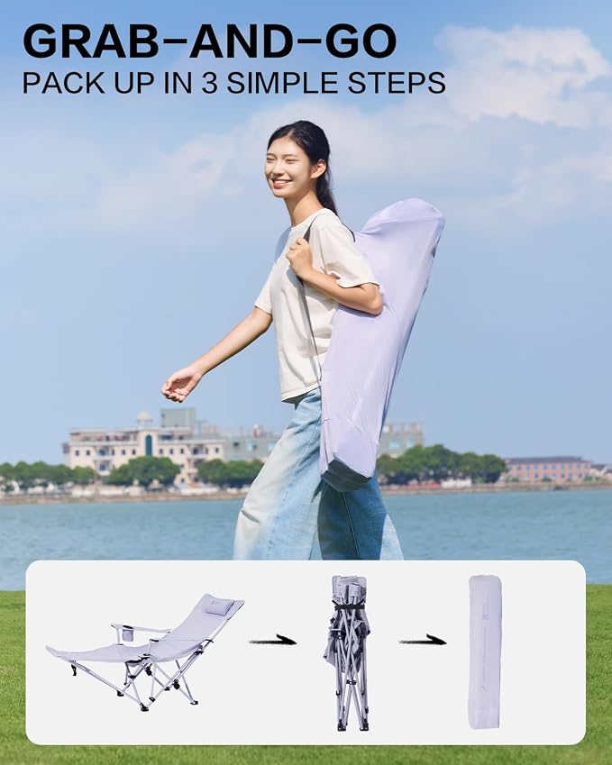 MOBI GARDEN Reclining Camping Chair with Foot Rest, 4-Position Adjustable Folding Lounge Chair for Adults, Portable & Detachable Footrest, Lavender