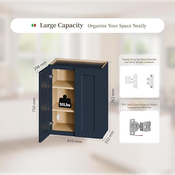 Kisart Laundry Room Cabinets Wall Mounted with Doors & Shelves, Solid Wood RTA Medicine Storage Cabinet, Blue Shaker Hanging Cupboard, Space-Saving for Kitchen, Bathroom, Garage