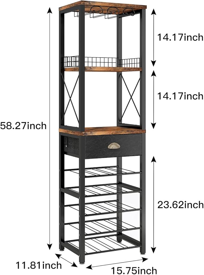 Homeiju Wine Rack Freestanding Floor, Bar Cabinet for Liquor and Glasses, 4-Tier bar Cabinet with Tabletop, Glass Holder, Storage Drawer and Wine Storage for Living Room (Patent No.D29872845)