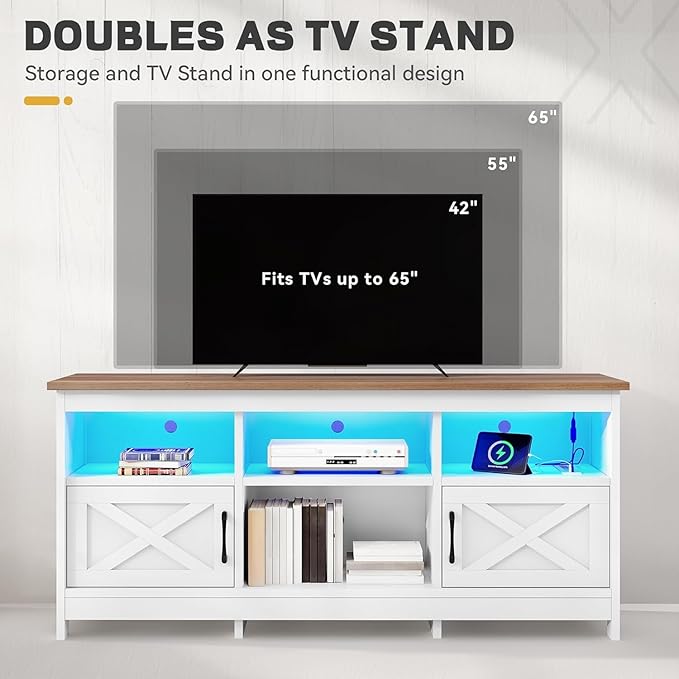 YITAHOME TV Stand for 65 Inch TVs, Entertainment Center with Storage Cabinets, Power Outlet & LED Light, Media Console Living Room Furniture, White