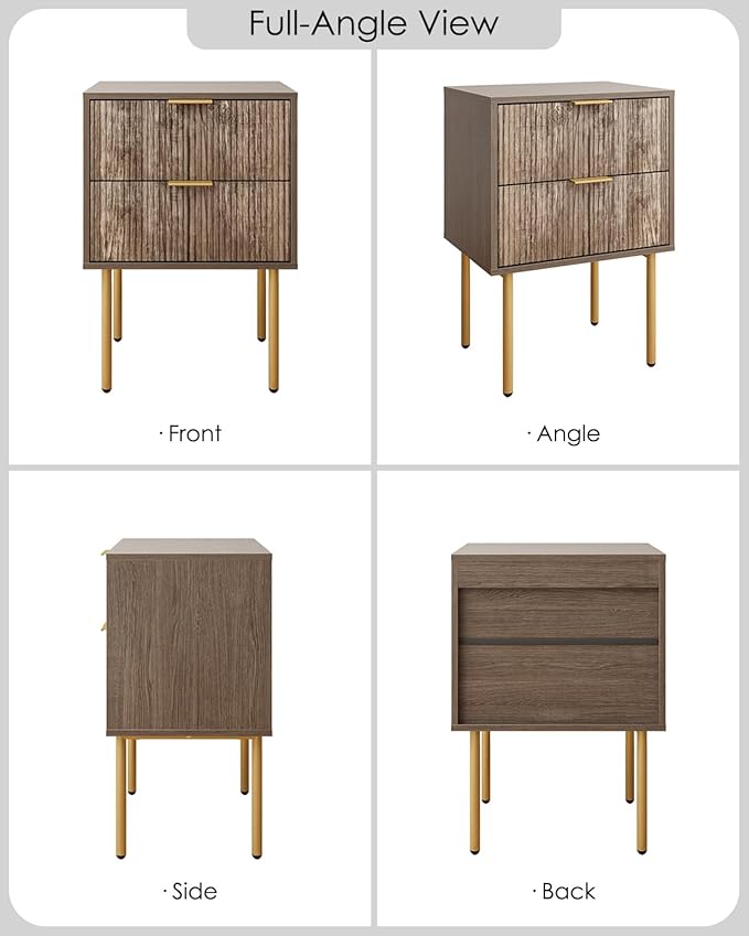 Aienvey Night Stand, Modern Nightstand with Drawers, Bedside Table, Gold Small Side Table for Bedroom, Living Room End Table (Grey Stripe, 2 Drawers)