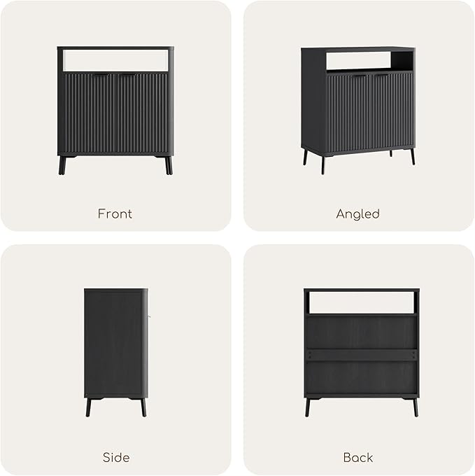 Fatmok Fluted Buffet Cabinet with Storage Set of 2, 31.4" Wide Wood Sideboard Credenza with 2 Doors & Open Storage Shelf, Modern Coffee Bar Table for Living Room Kitchen Dining Room,Black Grey