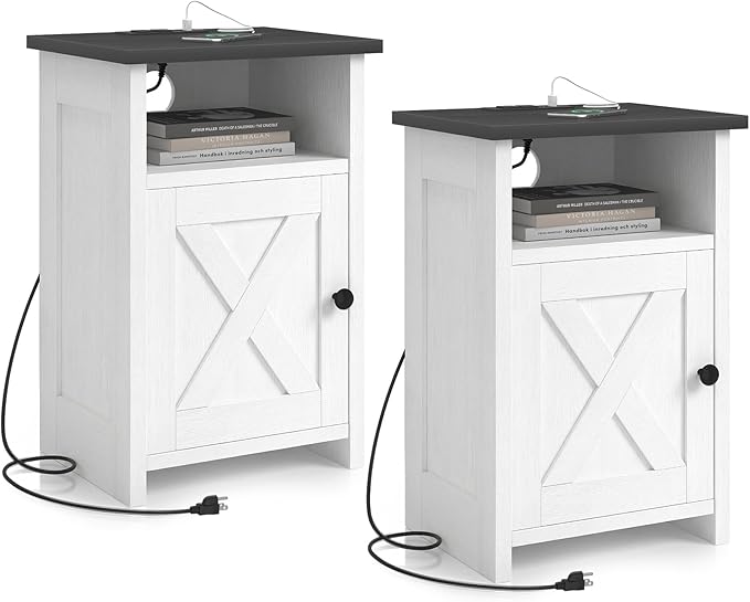 Farmhouse End Table Set of 2 w/Charging Station, Nightstands w/Barn Door&Storage Shelf, Rustic Bedside Table for Living Room, Bedroom, Entryway, Office, Small Spaces, White