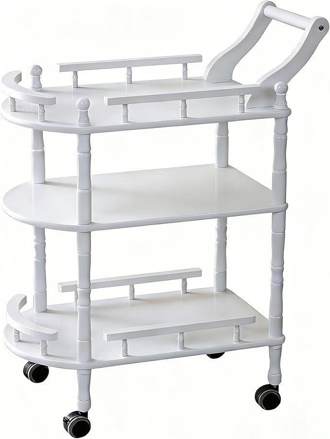 Entertainment Kitchen Cart, Midcentury Modern Imported rubberwood White Finished Wood 3-Tier Mobile Bar Cart Serving Cart